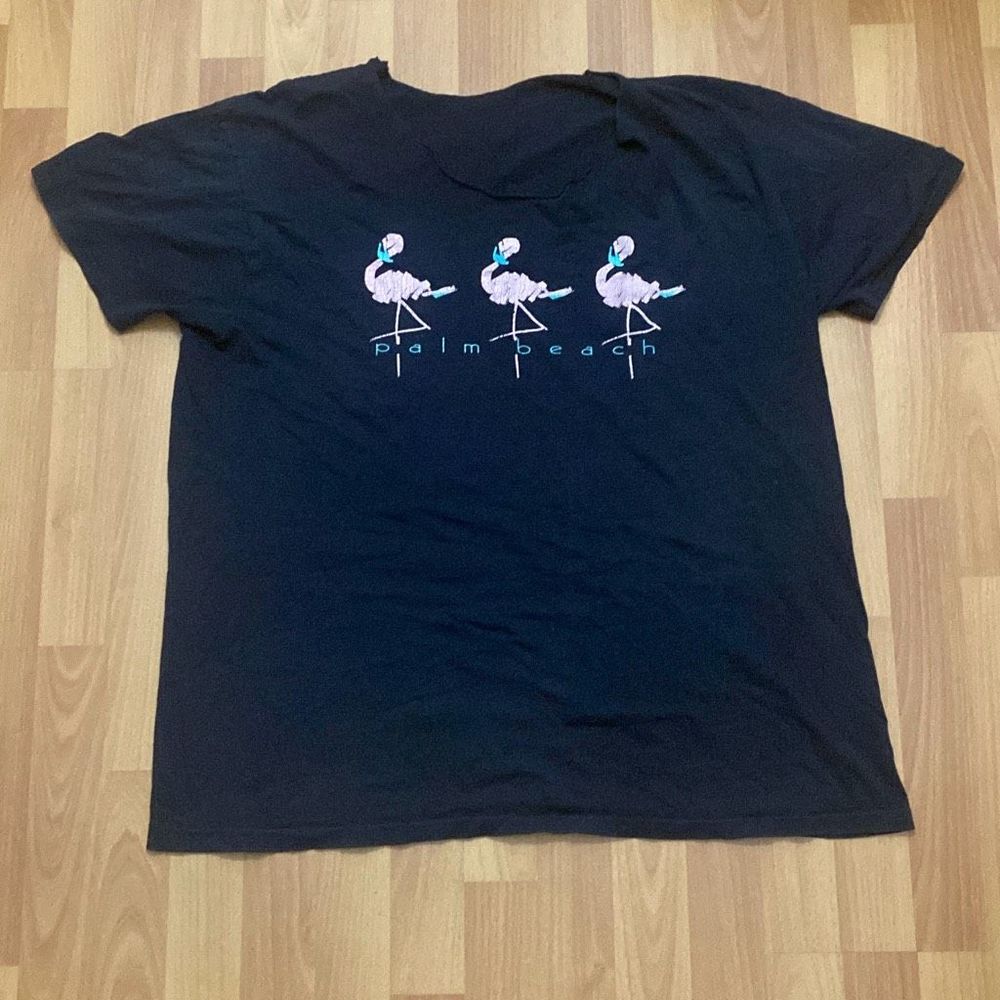 Vintage 80s Black T Shirt Pink Flamingos Palm Beach Single Stitch Men Made USA